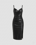 Women's form-fitting leather dress with slit