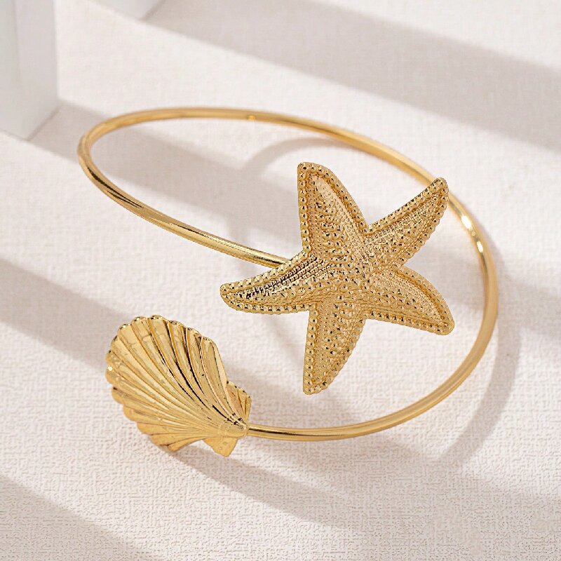 Women Open Bangle with Maritime Star and Shell Design Symbol Fashion