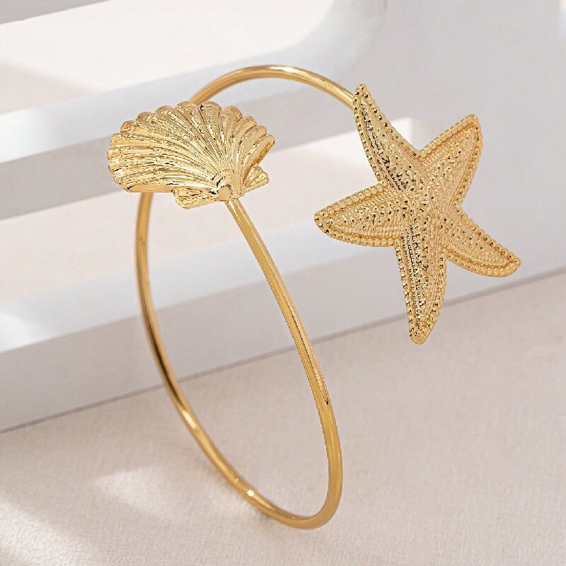 Women Open Bangle with Maritime Star and Shell Design Symbol Fashion