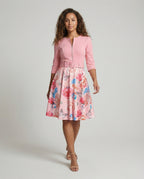 Women's A-line dress with fitted belt and floral pattern