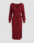 Ladies knit dress with elegant wrap design and decorative belt