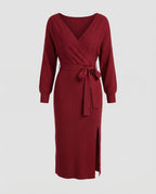 Ladies knit dress with elegant wrap design and decorative belt
