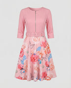 Women's A-line dress with fitted belt and floral pattern